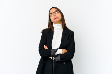 Young mixed race business woman isolated on white background tired of a repetitive task.