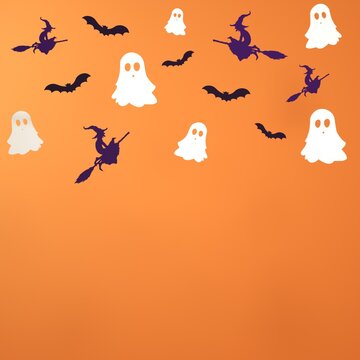 Halloween minimal orange scene with paper ghost, witch, bat. Autumn holiday concept background. Holiday background party decoration. 3d rendering