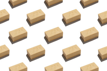 Seamless repetitive pattern with soap bars on white background.
