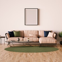 Modern Interior Frame Mockup with Designer Sofa, Side Table, Indoor Plants and Parquet Floor.