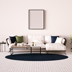 Modern Interior Frame Mockup with Designer Sofa, Side Table, Indoor Plants and White Planks Floor.