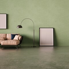 Modern Interior Frame Mockup with Designer Sofa, Side Table, Standing Light and Concrete Floor.