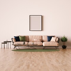 Modern Interior with Designer Sofa, Side Table, Indoor Plants, Frame Mockup and Parquet Floor.