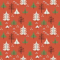 Obraz premium Christmas simple pattern with trees on a red background.