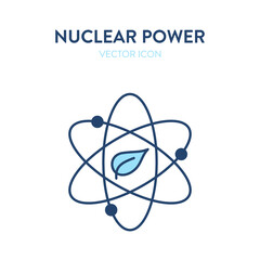 Nuclear power icon. Vector illustration of atomic nucleus with a leaf eco symbol. Represents concept of nuclear power generation, eco-friendly technology, molecule particles, atomic energy