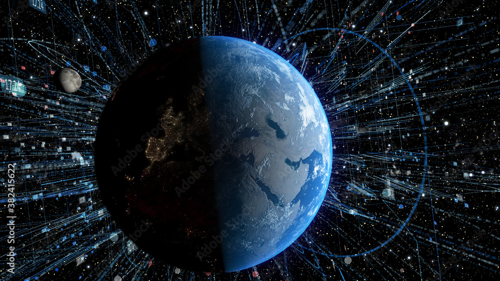 Poster spinning earth with space background and digital data grid