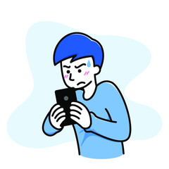 Man feel confused, angry, bad when he play a game on his cellphone, mobile phone, smartphone. Anger people use electronic gadget concept. Vector illustration blue mono-tone color flat design.