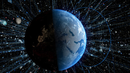 Spinning earth with space background and digital data grid