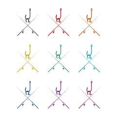 Simple Fishing rod icon, color set