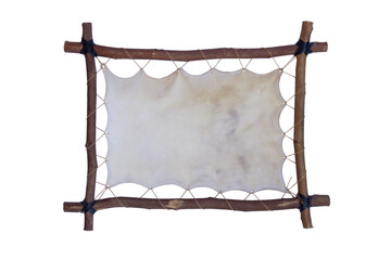 Wooden  frame with blank leather canvas isolated on white background. Ancient billboard for design from animal skin.