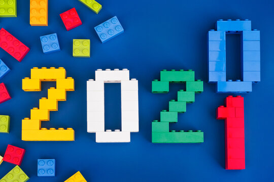 Tambov, Russian Federation - August 26, 2020 Lego New Year concept. The year 2020 becoming the year 2021. Blue background.