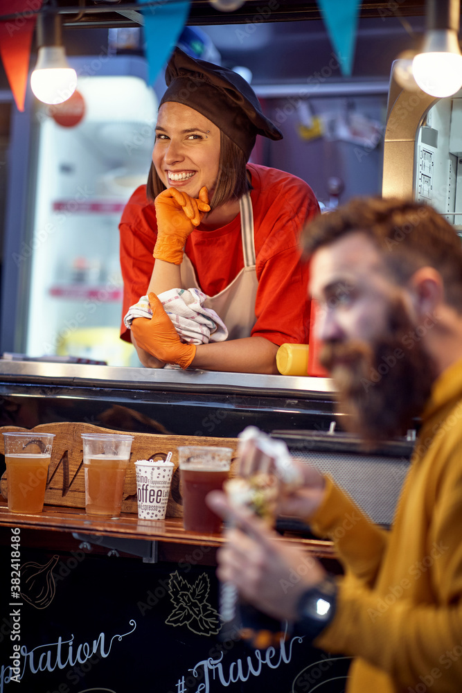 Wall mural food truck employee taking orders from customers