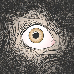 Scary eye looking through tangle of hairs