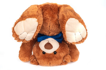 Adorable funny fluffy brown teddy bear baby stuffed toy with small black plastic eyes and dark blue satin bow tie standing upside down on white background.