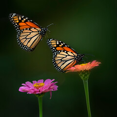 Two monarch butterflies on zinnia flower