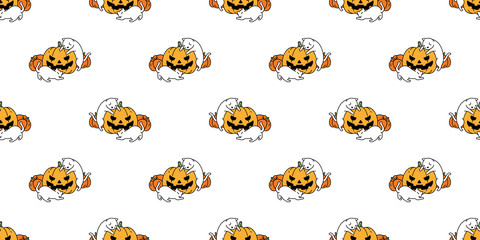 Fototapeta premium cat seamless pattern Halloween pumpkin kitten vector repeat wallpaper tile background scarf isolated cartoon character doodle illustration design