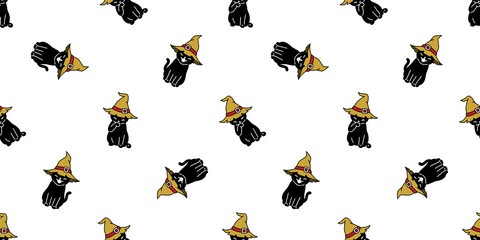 cat seamless pattern Halloween pumpkin witch hat kitten vector calico cartoon repeat wallpaper scarf isolated tile background character illustration doodle black design
