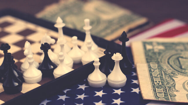 Chess and american flag so close, vintage toned