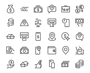 BUSINESS and FINANCE Thin Line Icon Set, contains icons such as Coins, Currency Exchange, Card Payment, Terminal and much more, Editable Line, Vector Illustration