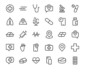 A simple set of medicine ICONS, contains medicine icons, pills, related vector line icons. thin lines, pain, syringe, lungs, microscope, cardiogram, virus and much more. Editable stroke.