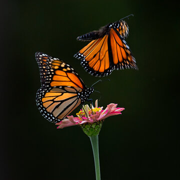 Two Monarch butterflies on zinnia flower with dark background