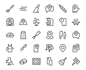 KITCHEN ICON Cooking process, Kitchen tools, Icon set, thin line vector has a blender, oven, knife, grater, barbecue, apron, barbecue, grill, coffee machine, kitchen glove, Editable stroke