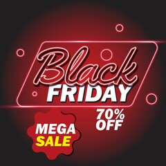 Mega sale discount Black Friday neon sign. Web banner, logo, emblem and label. Neon sign, bright signboard, light banner.