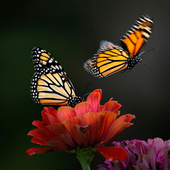 Two Monarch butterflies on zinnia © Hal Moran