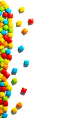 Candy. Multi-colored candies are located on the left on a white isolated background top view frame copy space. Chewing gum, and dragees are scattered. Vertical photo