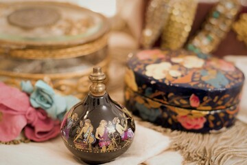 The Antique Perfume And Jewel Boxes In Detail 
In The Vintage Mood And Style