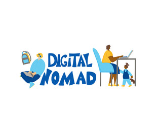 Digital nomand concept. Vector man with plaptop