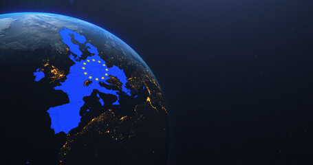 Planet Earth from Space European Union Map EU Flag, 2020 political borders and counties, city lights, 3d illustration, elements of this image courtesy of NASA