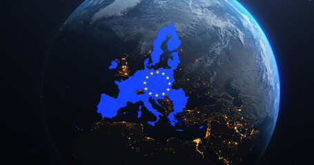 Planet Earth from Space European Union Map EU Flag Post Brexit, 2020 political borders and counties, city lights, 3d illustration, elements of this image courtesy of NASA