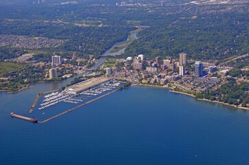 Port Credit Marina, aerial view of the urban landscape above Lake Ontario