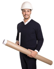 Portrait of a happy architect with his white helmet in his head holding architecture papers and tube isolated in white background