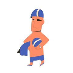 Sportsman ball and towel. Swimmer. Vector cute character.