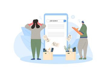 Job search. Two dismissed coworkers try to  find a work online. Vector flat illustration