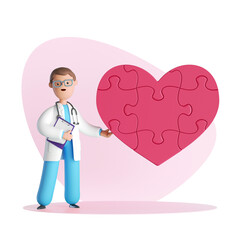 3d render, doctor cardiologist cartoon character wears uniform and stethoscope, heart puzzle....