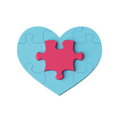 3d render, blue heart puzzle with red piece patch in the center, clip art isolated on white background