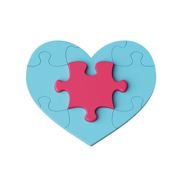 3d render, blue heart puzzle with red piece patch in the center, clip art isolated on white background