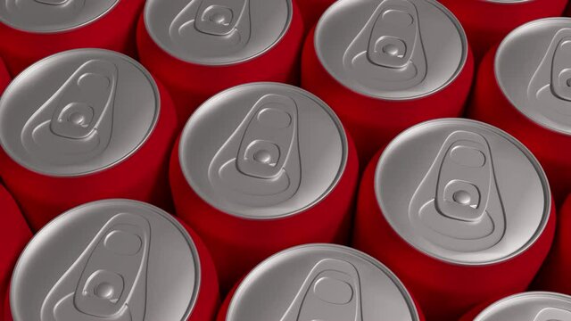 Animated tilt shot of red soda cans. aluminium cans with ring pulls.