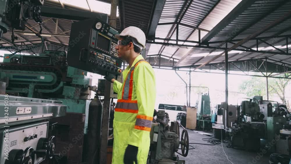 Poster smart factory worker using machine in factory workshop . industry and engineering concept.