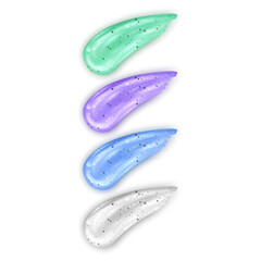 Colorful Cosmetic scrub, smears set isolated on white background. Beauty cosmetics peeling product for face care with cream or gel brush strokes Tube package design Realistic 3d vector illustration