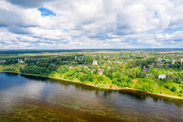 Top view of the Romanovskaya side of the city of Tutaev on a summer day