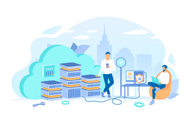 Users connect to the cloud servers from laptop, computer, phone. Cloud computing and web services, data storage, hosting. Working process, teamwork communication. Vector illustration flat style.
