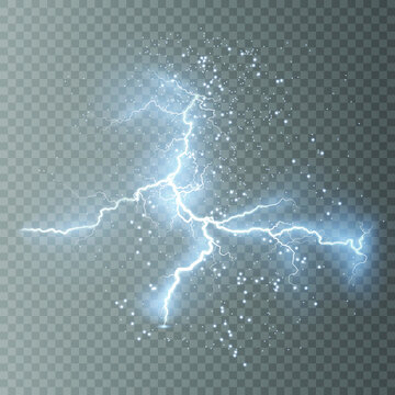Lightning flash light thunder sparks on a transparent background.Fire and ice fractal lightning, plasma power backgroundvector illustration. Lightning PNG.	