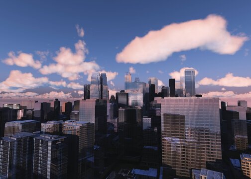 Modern city at sunset, sunrise over high-rise buildings, city skyscrapers under the setting sun, 3D rendering

