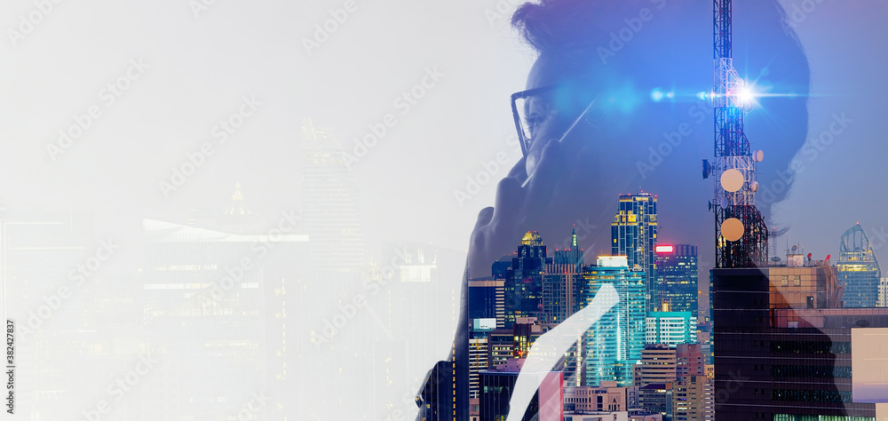 Aufkleber double exposure of asian woman using smart phone and telecommunication tower with 5g cellular networ