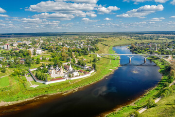 Fototapeta premium A view from a height of the city of Staritsa and the Holy Dormition Monastery on the banks of the Volga River