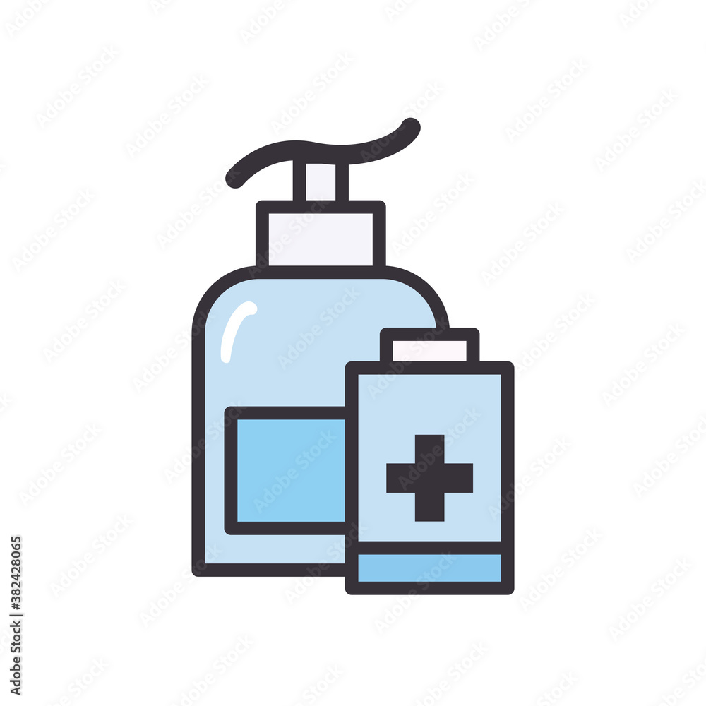 Poster hands sanitizer bottles line and fill style icon vector design